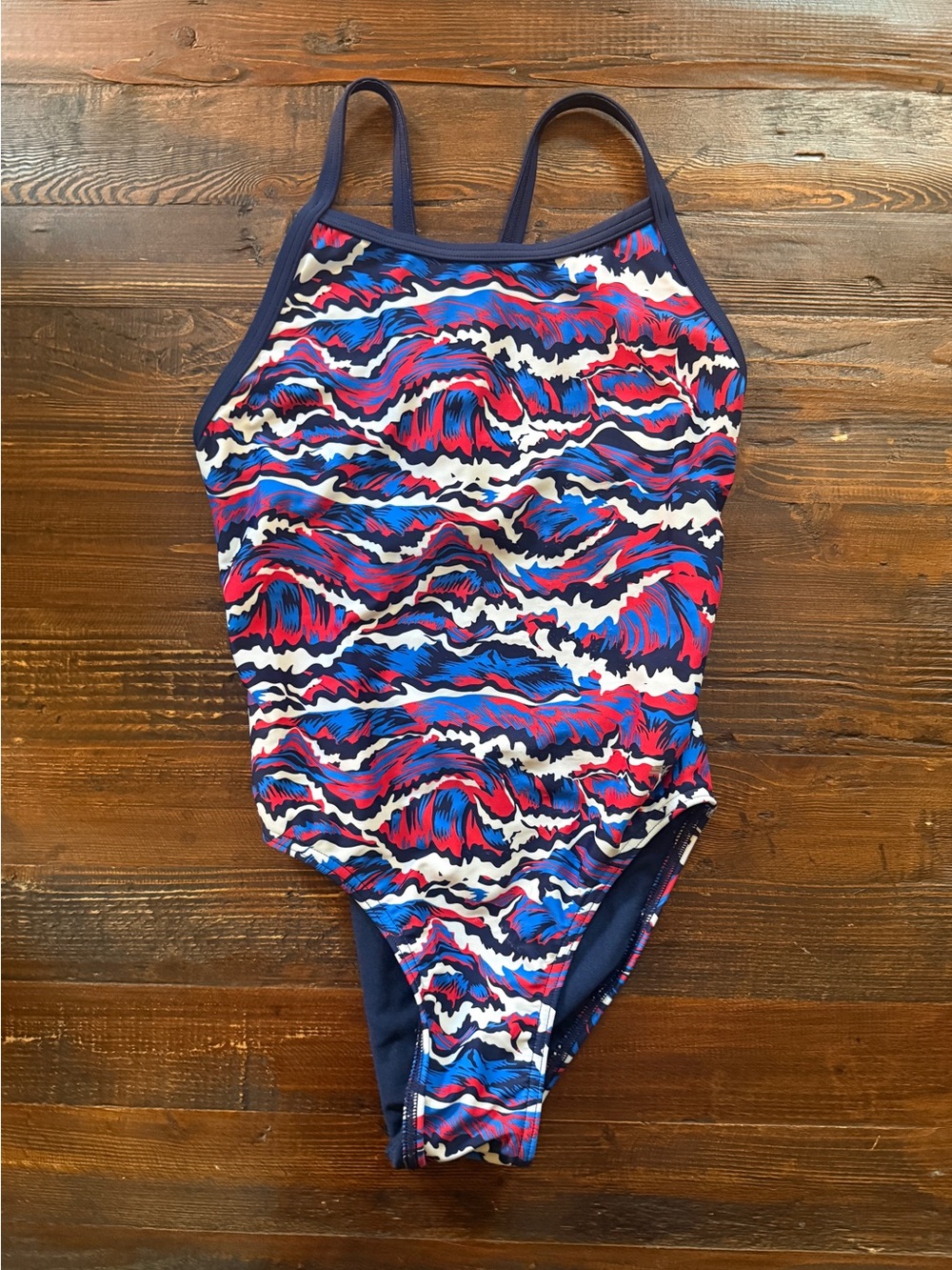 Kids One-Piece Swimsuit in Navy with Red & Blue Wave Print Sz 30